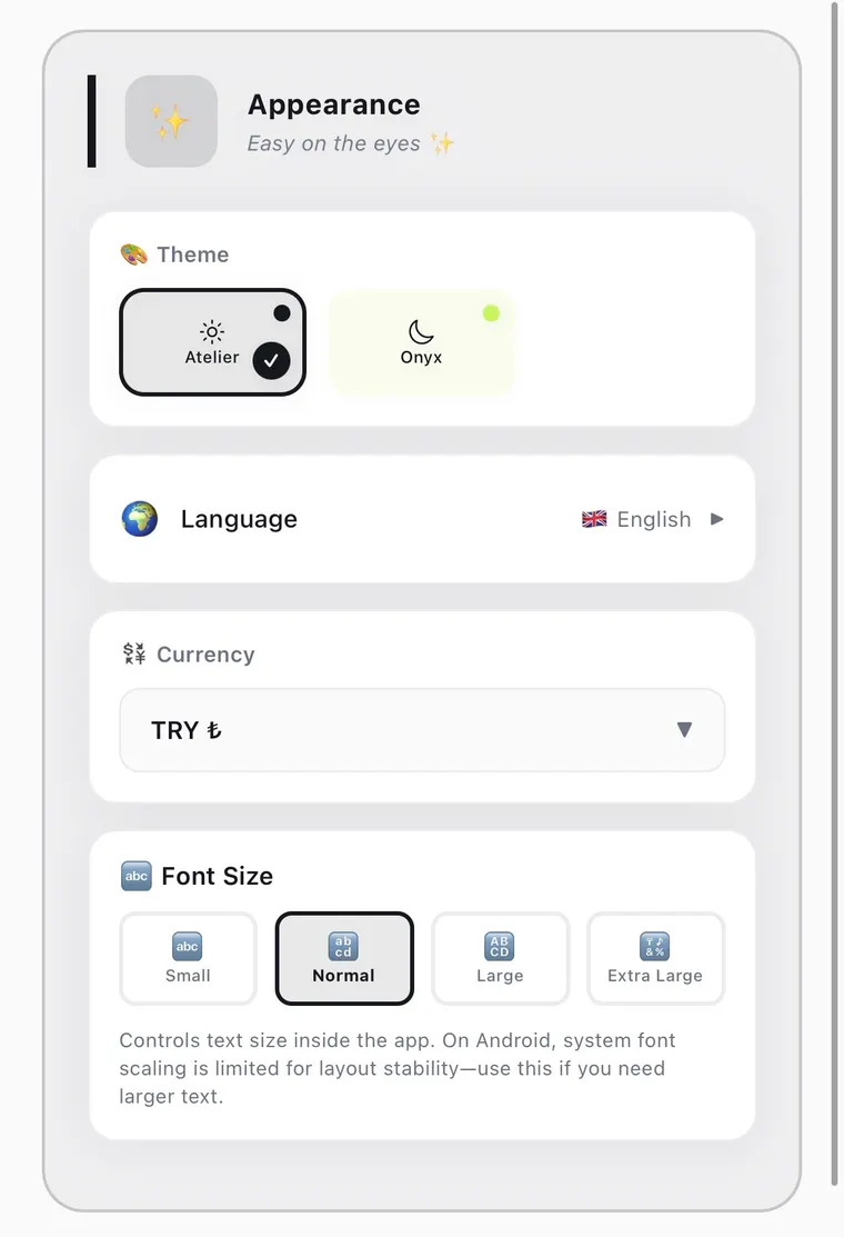 The appearance settings screen with light and dark theme options, language, currency and font size controls