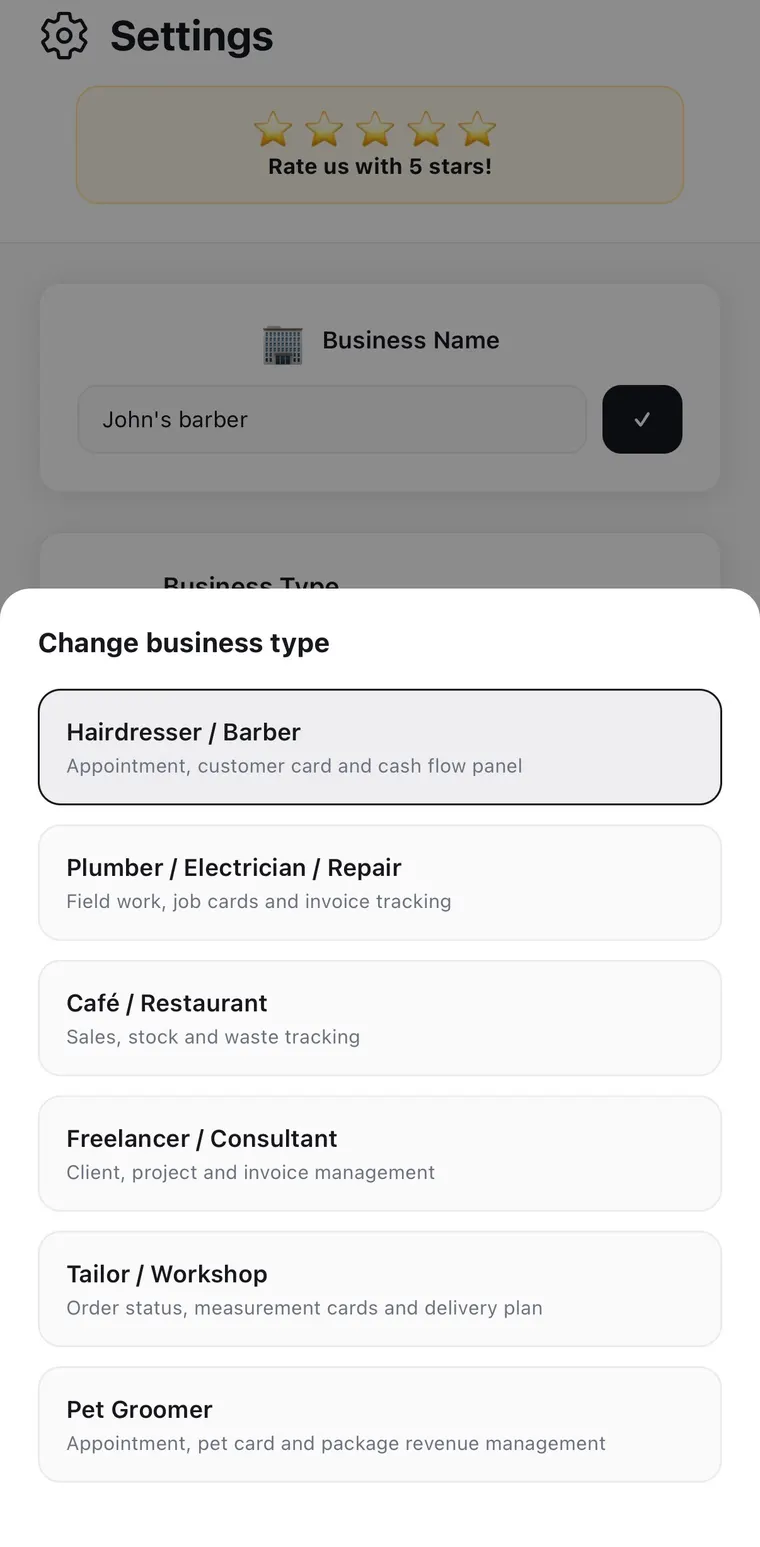 The business type picker, listing Hairdresser / Barber, Plumber / Electrician / Repair, Café / Restaurant, Freelancer / Consultant, Tailor / Workshop and Pet Groomer