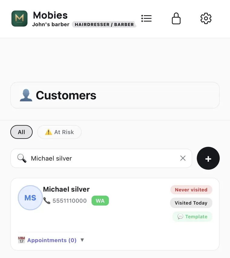 The customer list with All and At Risk filters, a search box, and a customer card showing phone number, a WhatsApp button, a message template button and a visit badge