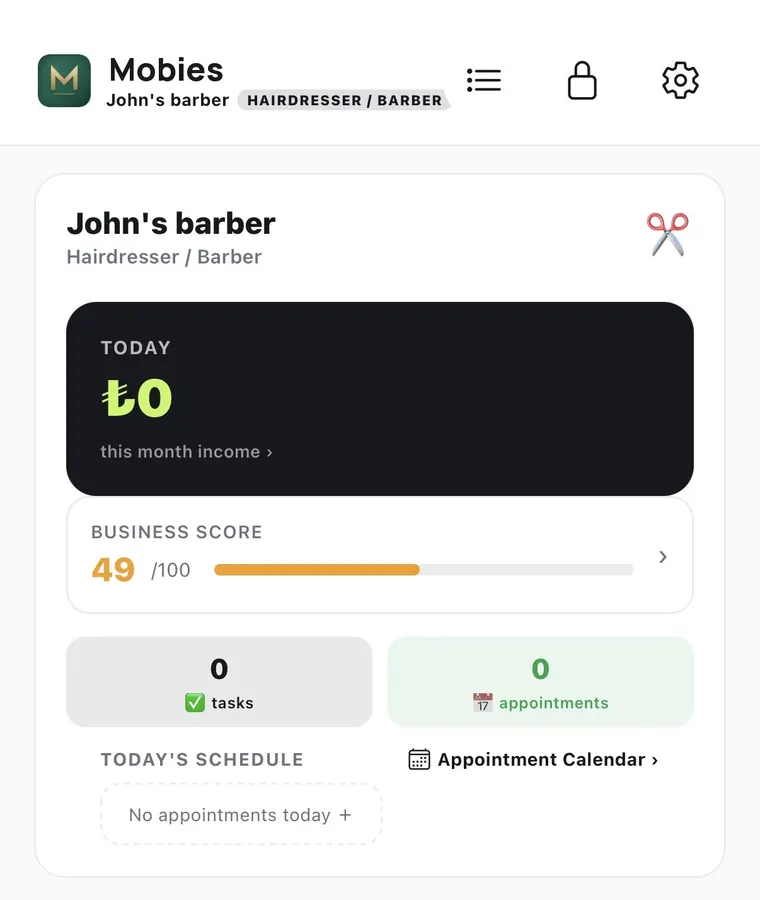 The Mobies home screen for a barber shop, showing today's income, a business score of 49 out of 100, task and appointment counts, and today's schedule