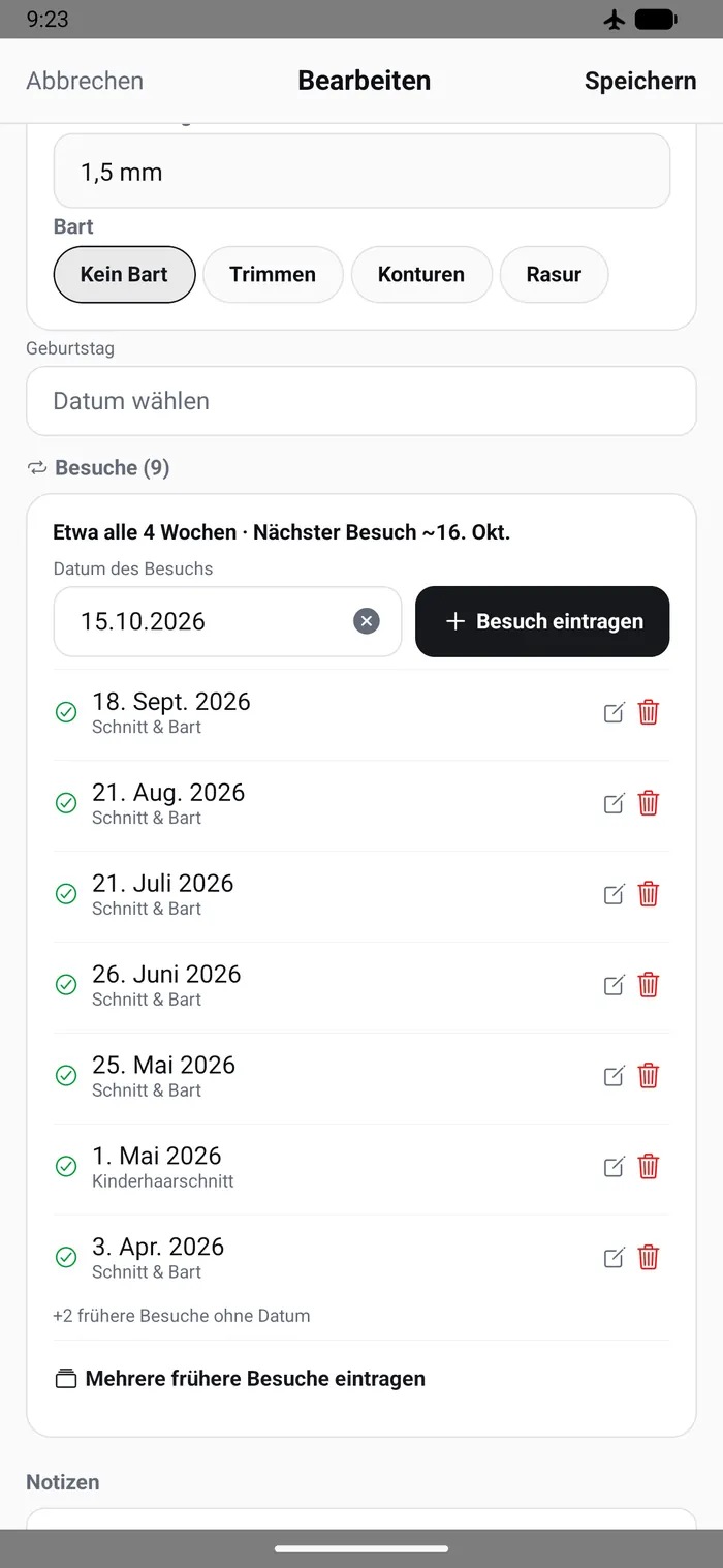 Kundenkarte in Mobies mit neun eingetragenen Besuchen, darüber „Etwa alle 4 Wochen · Nächster Besuch ~16. Okt.“ (Beispieldaten)