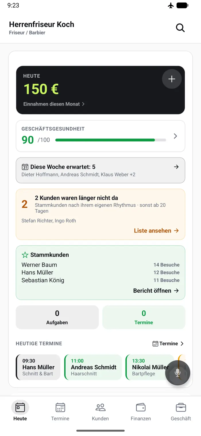 Startseite von Mobies mit den Karten „Diese Woche erwartet: 5“ und „2 Kunden waren länger nicht da“ (Beispieldaten)