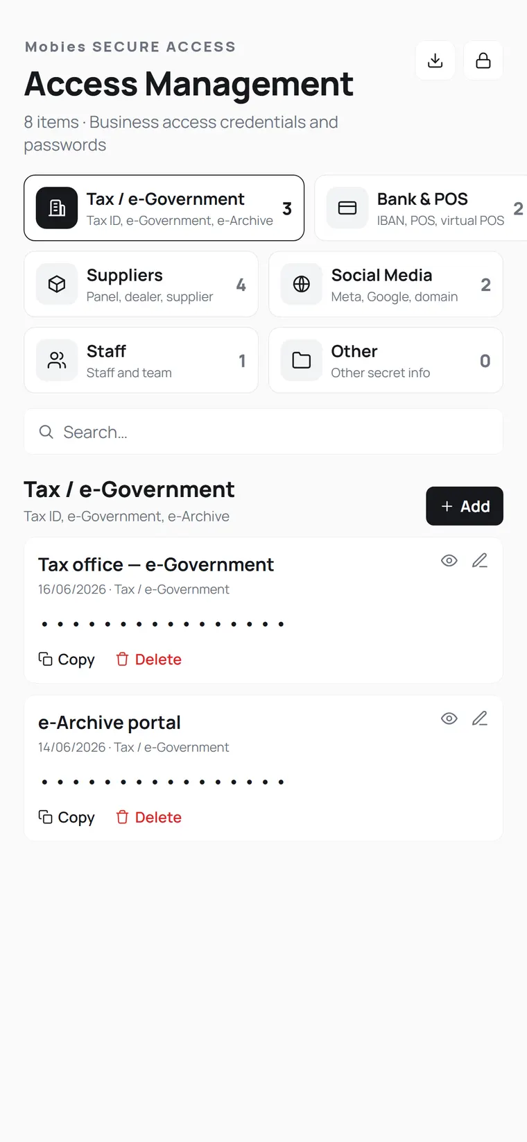 The Access Management screen with categories for Tax and e-Government, Bank and POS, Suppliers, Social Media, Staff and Other, with masked credentials