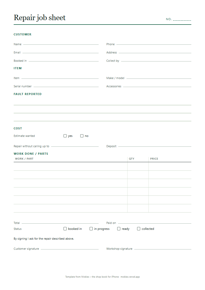 Repair job sheet