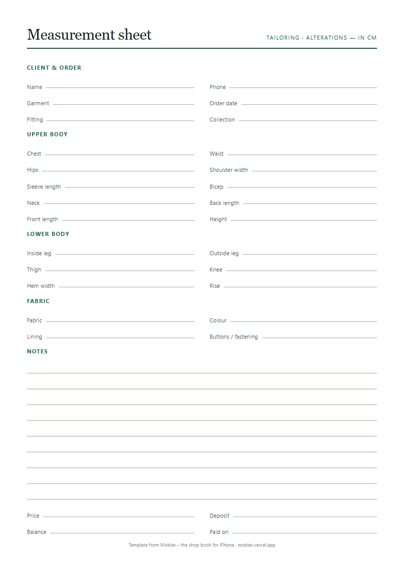 Measurement sheet
